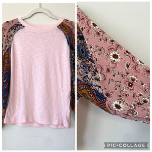 UMGEE Patchwork Balloon Floral Sleeve Pink Mauve COLORBLOCK Knit Top SZ M Boho